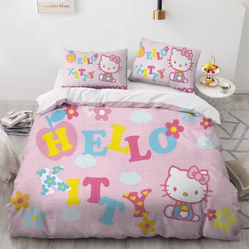 Сладък cartoony комплект спално бельо Hello Kitty, пълен комплект пододеяльников в стил принцеса размер 
