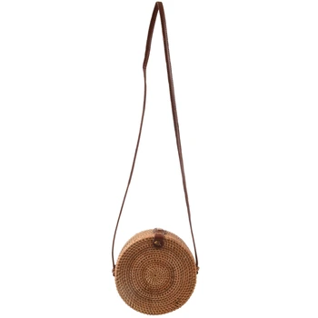 Балийски реколта кожена чанта през рамо, ръчно изработени, кръгла плажната чанта за момичета, кръгла чанта от ратан, Малко артистична чанта през рамо