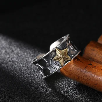 Мъжки персонализирани отворен пръстен с петолъчна звезда в ретро стил от сребро S925 проби, модерен пънк-комплект, годни за консумация пръстен с бронзова звезда