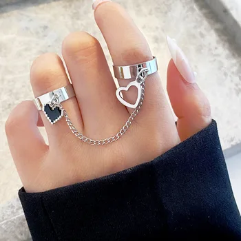 Двоен пръстен Пълномаслено пръстен Комбинираното пръстен с персиковым сърце в стил пънк, Открывающееся Регулируема мъжки и женски пълномаслено пръстен