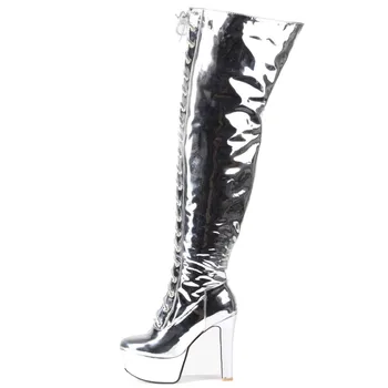 Луксозни дамски ботуши над коляното на платформата 2023 г., сребрист токчета, по-големи размери, зимни високи обувки, фетиш-обувките за денс парти, женски