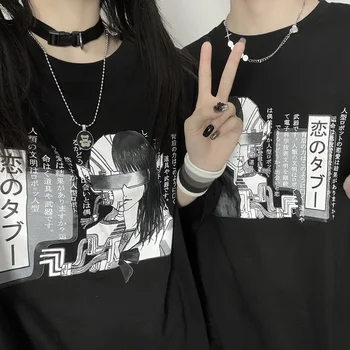 Женска тениска, дрехи за чифт, топ Harajuku Y2K, Harajuku, ретро корейски стил, черно облекло с аниме-принтом в стил пънк, плюс размер 2