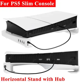 Хоризонтална Поставка с възел за Playstation 5 Slim, 1 Зареждане Type-C и 4 Порта за предаване на дати USB 2.0 за конзола Slim PS5