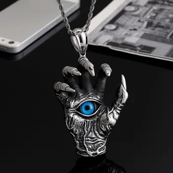 Новият ретро-медальон от титанов стомана, властен ръка на демона, Драконий нокът, окачване със синьо око