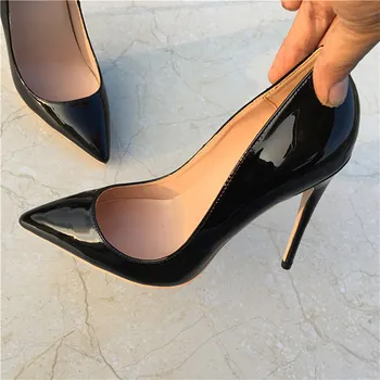 Обикновена Лакирани Черни Дамски официални обувки на високи токчета, Елегантни дамски обувки-лодка на висок ток с остър пръсти, шикозни дизайнерски класически модел обувки