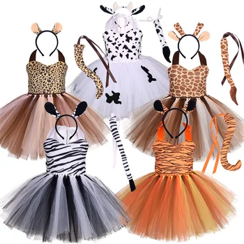 Cosplay-костюм на животното на Хелоуин, детска горска лисица, Жираф, Крава, Тигър, леопард, рокля-пакетче с принтом Зебра, парти по случай рождения ден на малки момичета