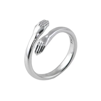 пръстени за двойно ръце ширина 9 мм от истинско сребро Love за мъже и жени S925 Проби, сребърен отворен пръстен за малките прегръдки, подарък за бижута
