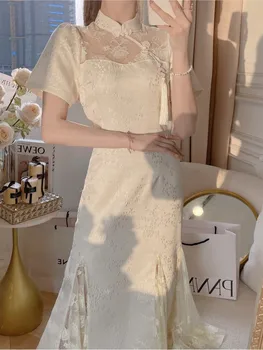 Подобрено бяло женствена рокля Чонсам в китайски стил, темпераментни рокли на младите национални знаменитости 2023, Лятно елегантна вечерна рокля