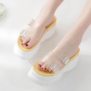 Прозрачни сандали на платформа от PVC с двойна катарама, дамски чехли, дамски сладкиши, прозрачни сандали-гладиатори, без закопчалка, 2020
