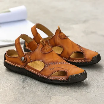 Мъжки сандали от естествена кожа на открито, лятна плажна ежедневни обувки с нескользящим пръсти и защита от сблъсък, обувки за туризъм, мъжки обувки за пътуване