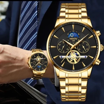 Нови мъжки часовник NIBOSI Relogio Masculino, луксозни кварцов мъжки часовник от злато и стомана, водоустойчив спортен часовник с хронограф