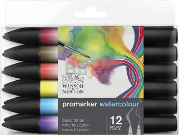 Winsor & Newton 290165 Акварел маркер Promarker, Набор от 12 Основни тонове, за да проверите за рисуване на 12 тонове, Детски комплект за рисуване