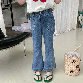 Детски дънкови панталони 2023, Пролет-Есен, Нови модни Корейски ежедневните дънки за снажен момичета в ретро стил, прости Обикновена дънки с еластична гумена лента на талията