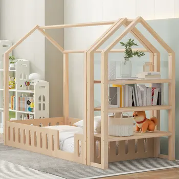 Легло-къщичка от дърво двоен размер, с парапет и подвижни рафтове за съхранение, здрава конструкция, дизайн във формата на къщички, натурален