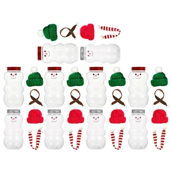 Бутилки с напитки под формата на коледа снежен човек, Празни бутилки от сок, шапки и шалове, Кутии от напитки под формата на снежен човек