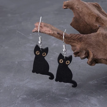 Кавайные обеци с котки за Хелоуин Дървени Висящи обеци с черни котки Скелет на Котка Висящи обеци с Висулка Бижута