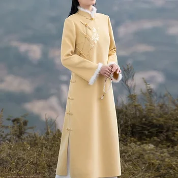 Жълт Чонсам 2024, Ново Зимно Подобряване Елегантно Ежедневно Китайското Женско Плътно рокля Hanfu С Дълги Ръкави Young Qipao Dress 12906