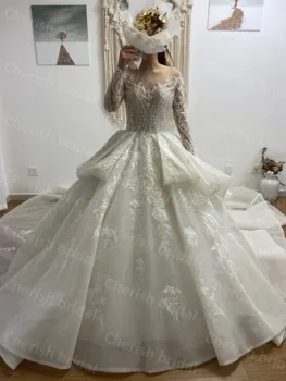 C5097B Изискана бална рокля с дантелен аппликацией и мъниста сватбена рокля на булката с дълъг ръкав и цип отзад, рокля на принцеса-булката