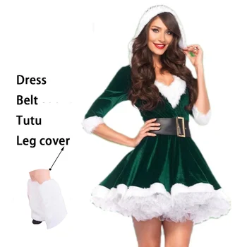 Коледа бархатное рокля с качулка за възрастни/деца, костюм на Дядо Коледа на Хелоуин, женски Зелен секси облекло за Коледното парти, рокля-поличка с колан