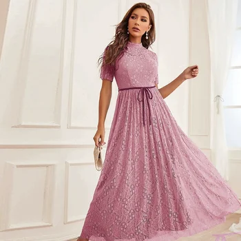 Европейската и американската дамска мода 2023, Пролет / лято, Ново дантелено сетчатое рокля с висока талия, Vestidos