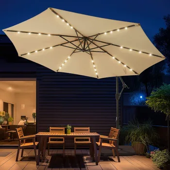 wikiwiki 10-крак окачен чадър за тераса за слънчеви led основа, лесна настройка на наклон, лампион от полиестер и напречно основа