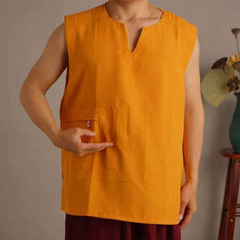 Облекло на монах-лама лятна тънка дишаща тениска с къс ръкав Облекло тибетски монах копринена жилетка тибетски будистки монах