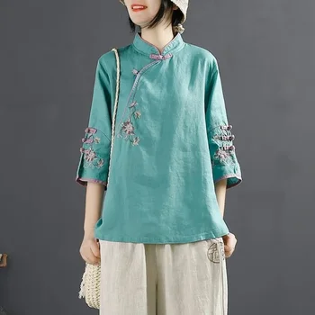 Пролетна риза в традиционен китайски стил, източна Облекло за жените, свободна ежедневна блуза Hanfu с къс ръкав, потници голям размер