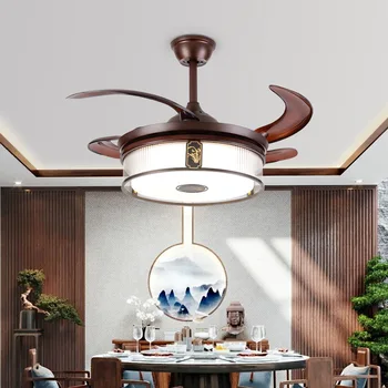 Нов тавана лампа в китайски стил за дневната, тавана лампа в стил вентилатор, лампа за вила, луксозен фен на ресторанта е от масивно дърво, атмосферата в китайски стил