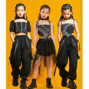 Детски облекла в стил пънк, хип-хоп, укороченная тениска с квадратни деколтета и пищни ръкави, плиссированная окото поли, панталони за момичета, комплект дрехи за джаз танци