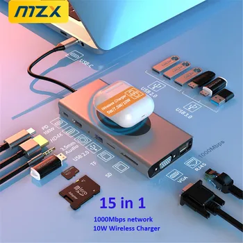 MZX 15 14 13 1 USB HUB Type C 3 0 Докинг Станция Дърва Extensor 3,0 2,0 Адаптер 10 W Безжично Зарядно Устройство Tipo Dock за Лаптоп