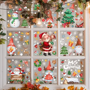 9шт Свалящ стикер на прозореца на Дядо Коледа, Снежен човек, Снежинка, Статично стъкло, стикер, Коледна украса за дома, стикер за стена