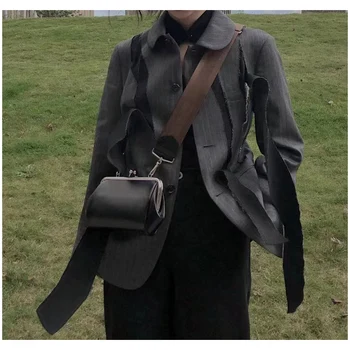 Дамски златен чанта от естествена кожа, малка квадратна чанта, на панти, мини чанта през рамо, чанта от телешка кожа В модерен японски стил