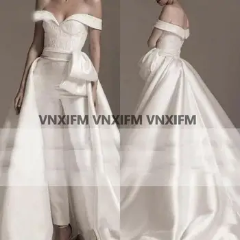 Шик сватбена рокля-комбинезон от сатен от 2 части с открити рамене 2022, секси вечерна рокля с влак