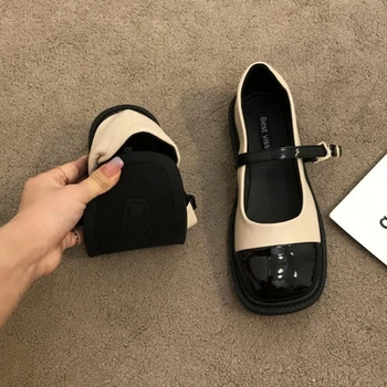 Корейската версия на Малки Кожени обувки с дебело дъно и квадратни пръсти на дебела подметка 2023, Нова мода, ежедневни Проста Дамски обувки, Лятно време