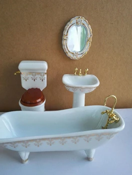 Мини куклена къща Миниатюрна баня Керамичен комплект мебели за тоалетна от четирите теми 1:12