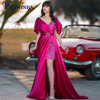 Prowinea/ една модерна Женствена рокля Знаменитост трапецовидна форма с цепка, V-образно деколте и с влак, Vestidos De Noche, Сшитое по поръчка, Директна доставка