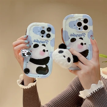 Япония сладък 3D плюшено висулка с пандой и шарени крави силиконов калъф за iphone 11 12 13 14 15Pro Max забавно дебела панда мека корица мультяшная